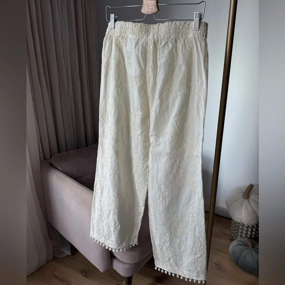 H&M Embroidered Drawstring Pants, Cream, Size M - Picture 5 of 7